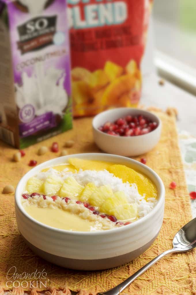 smoothie bowl on orange cloth