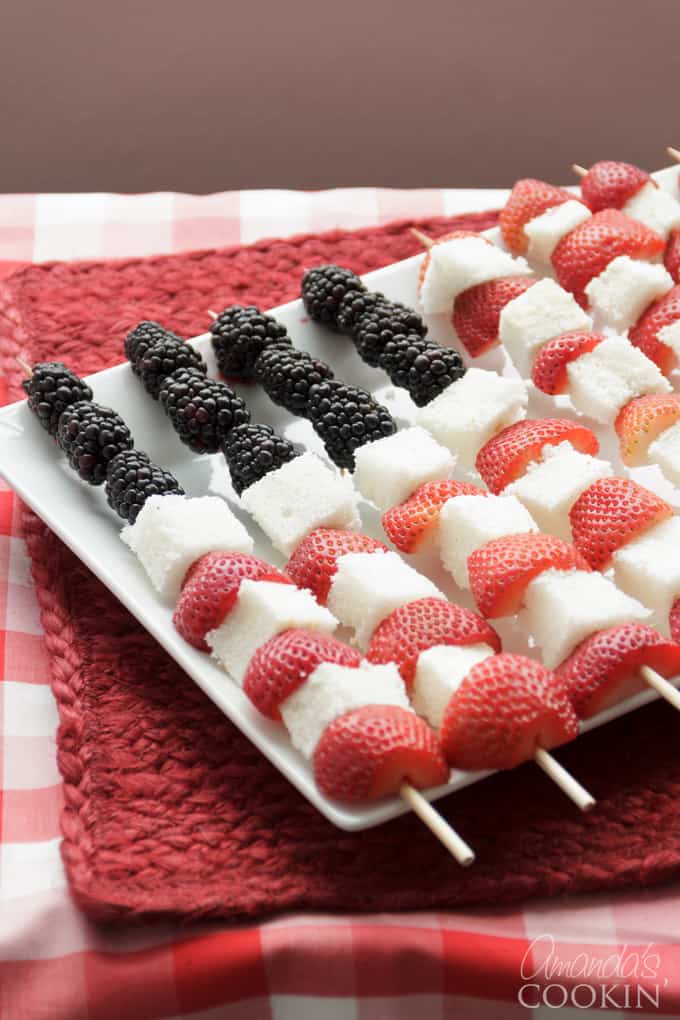 American Flag kabobs made from fruit and angel food cake