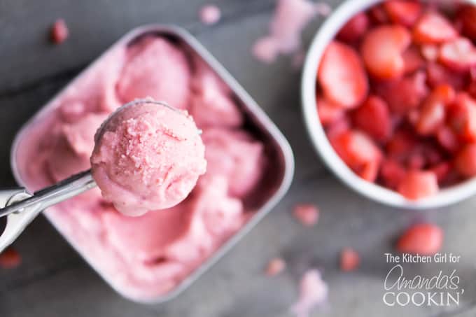 Scoop of strawberry frozen yogurt