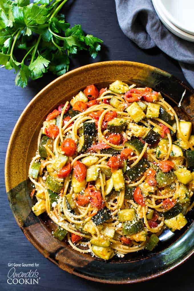 Zucchini Tomato Pasta Dish overhead shot