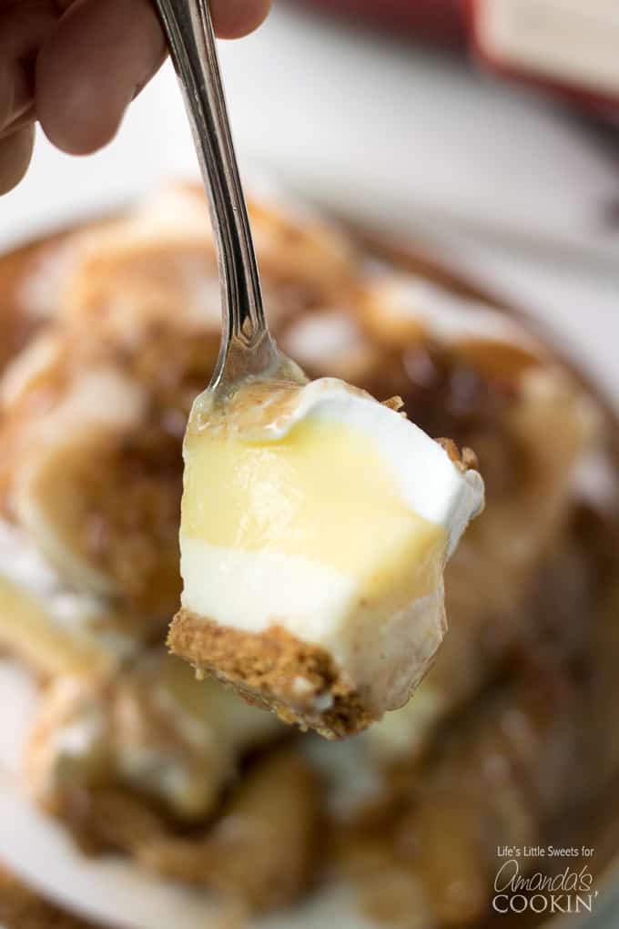 fork full of banana cream lush layered dessert