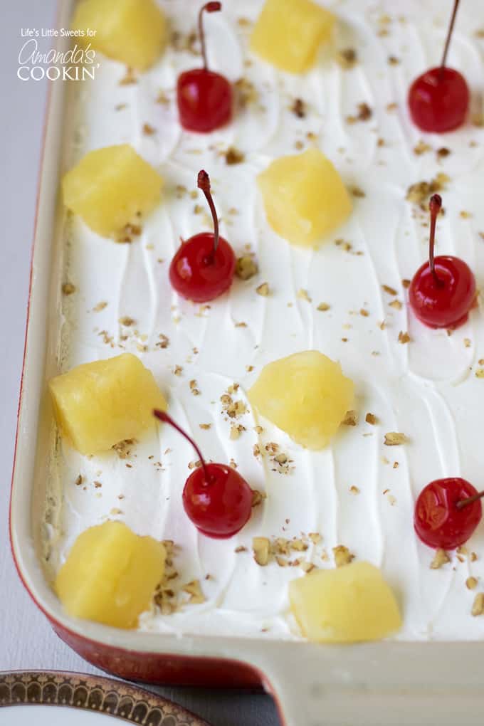 Banana Split Dessert Recipe with pineapple and cherry topping 