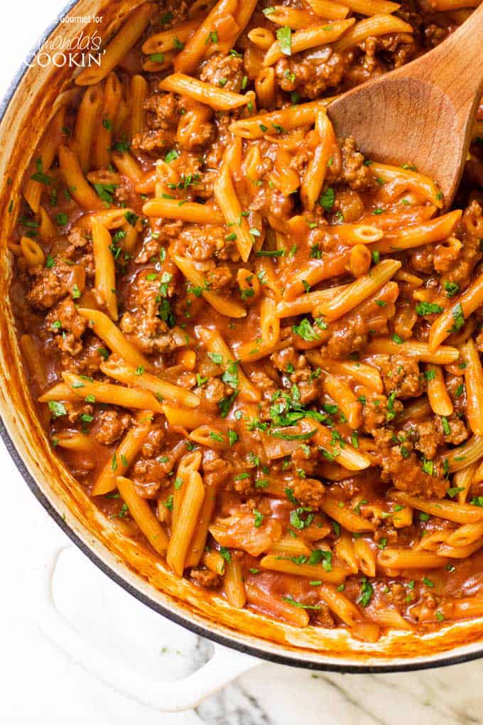 One pot sloppy joe pasta overhead shot