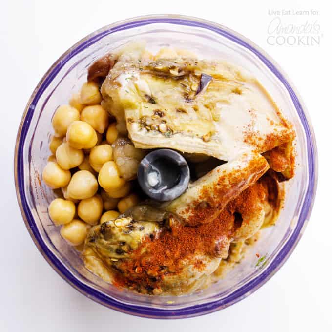 Baba Ganoush Hummus ingredients in food processor