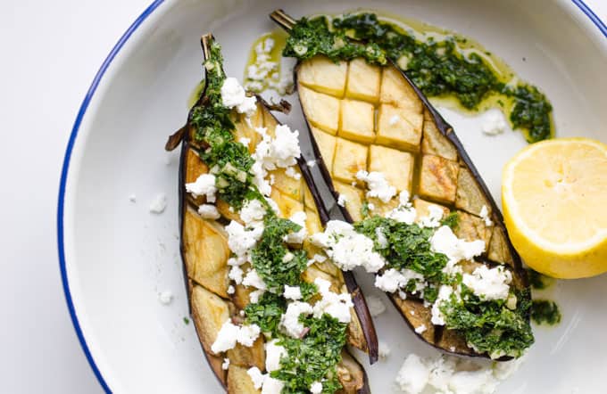 eggplant on a plate with feta cheese