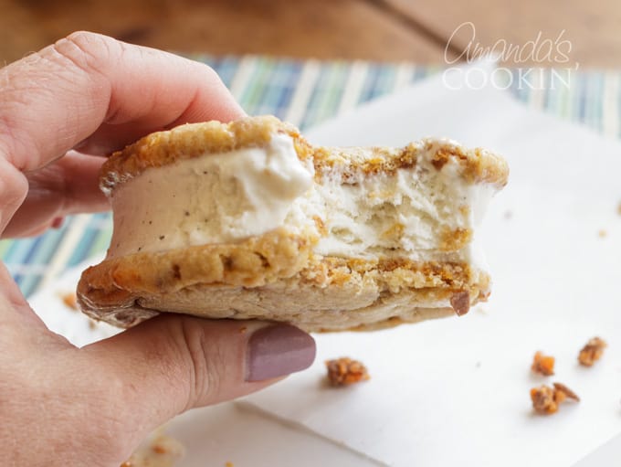 butterfinger ice cream sandwich with a bite out of it