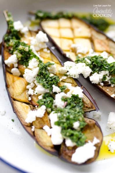 Roasted Eggplant: topped with mint sauce that adds a refreshing flavor!