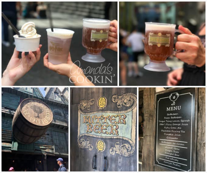 collage of photos regarding butterbeer at universal orlando