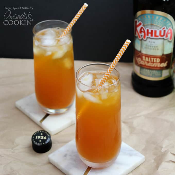 Caramel pumpkin cocktails with straws and salted caramel kahlua