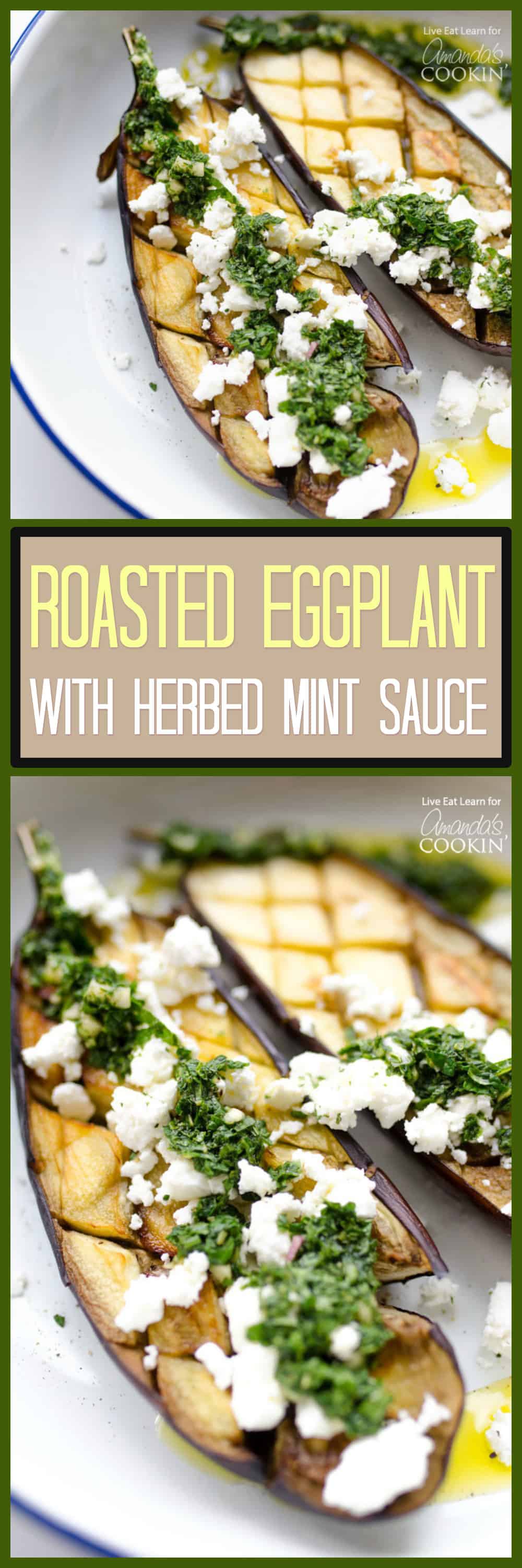 pinterest image with text - eggplant on a plate with feta cheese