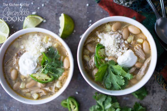 White chicken chili in bowls