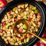 ladle of Crockpot Caramel Apple Cider with chopped apples