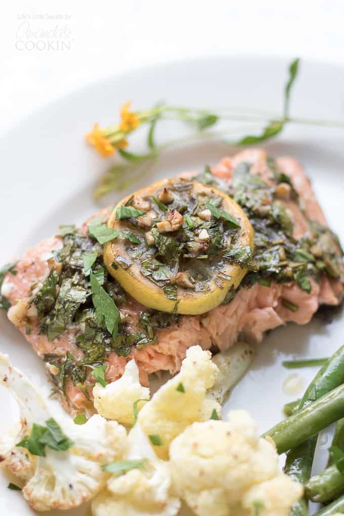 Sheet Pan Salmon with lemon on top with cauliflower