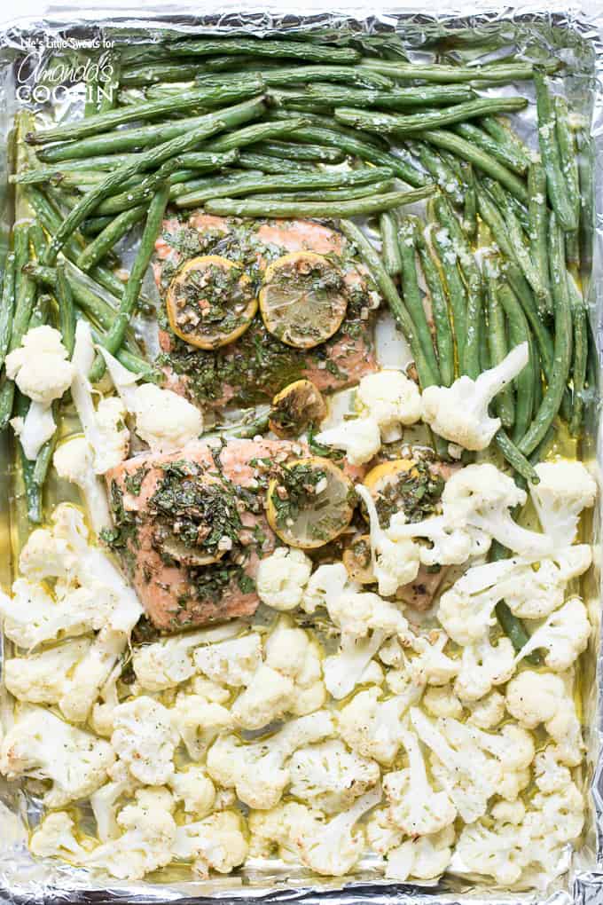 Salmon sheet pan dinner with green beans and cauliflower from above