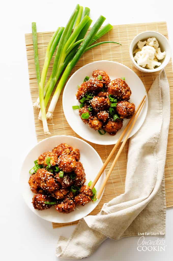 Two servings of sticky garlic cauliflower