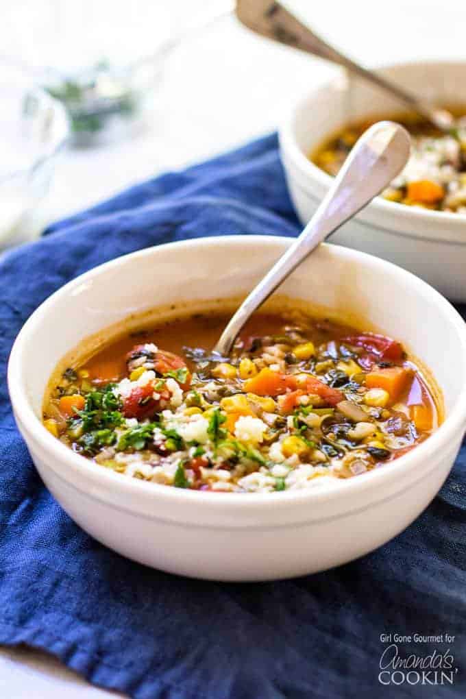 A bowl of vegetable rice soup