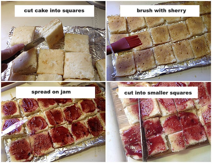 showing how to cut, brush, and add jam to the cake