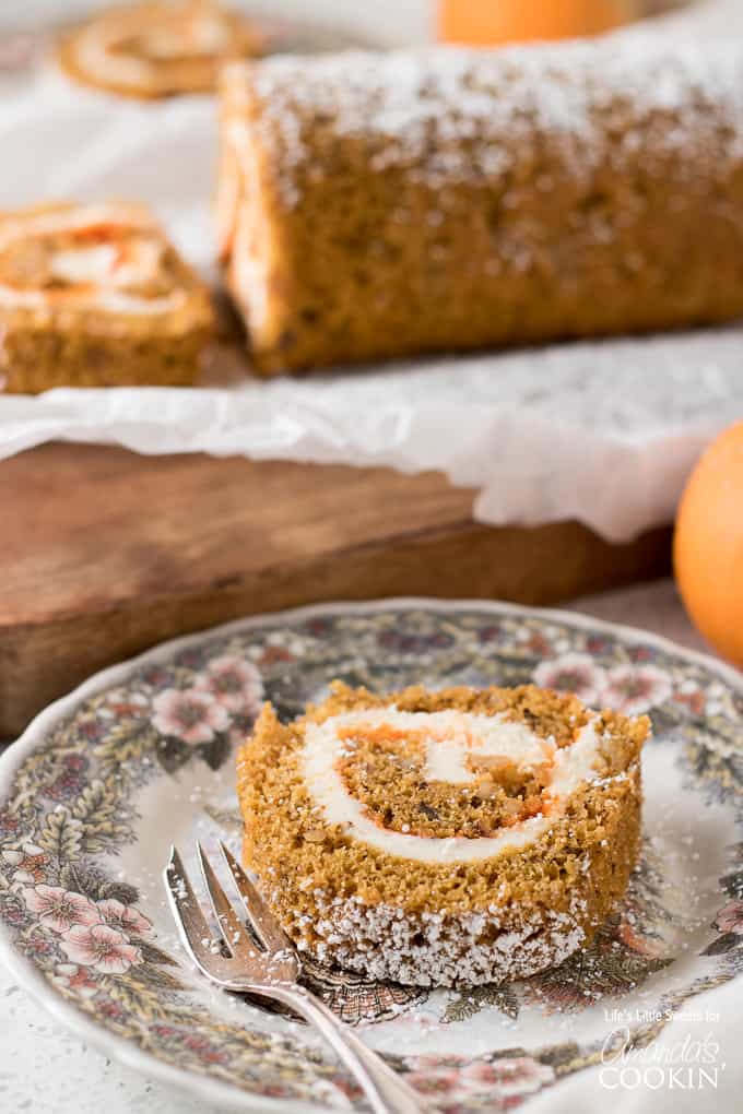 sliced pumpkin roll on plate