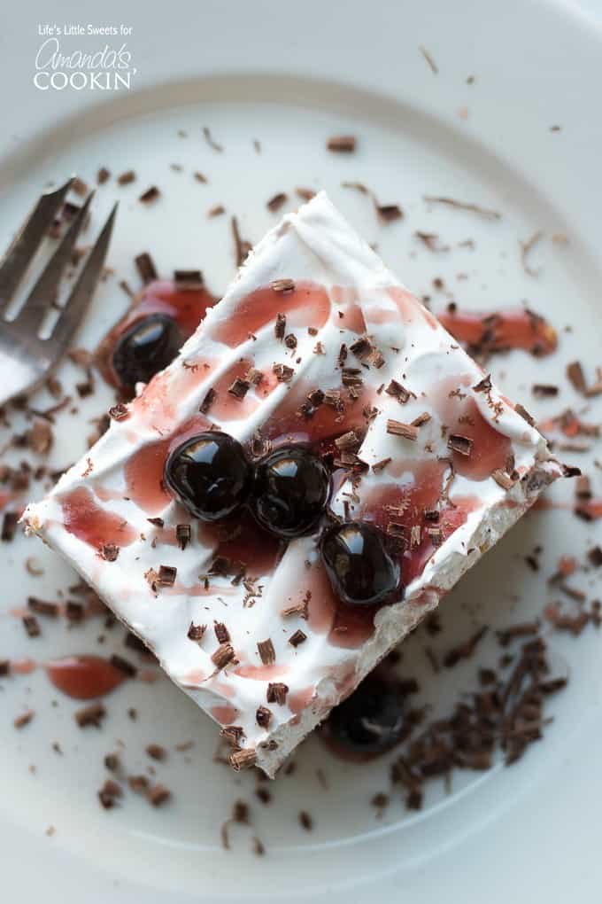 Above view of red velvet lasagna dessert