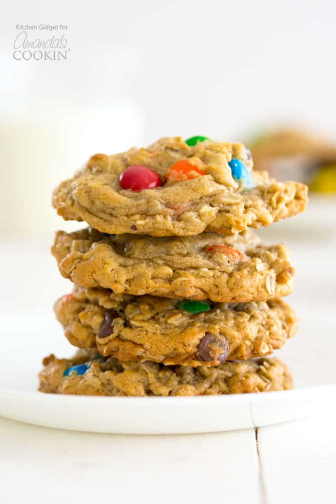 Stacked peanut butter and m&m's monster cookies