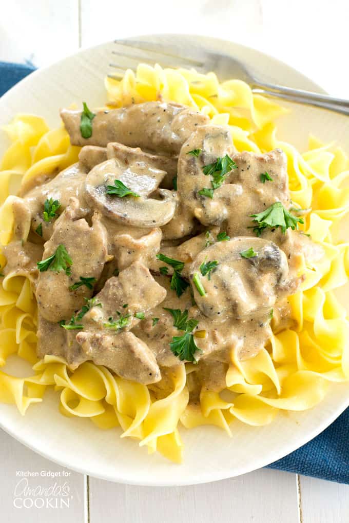 Beef Stroganoff: a hearty, comforting dish of beef and mushrooms in gravy