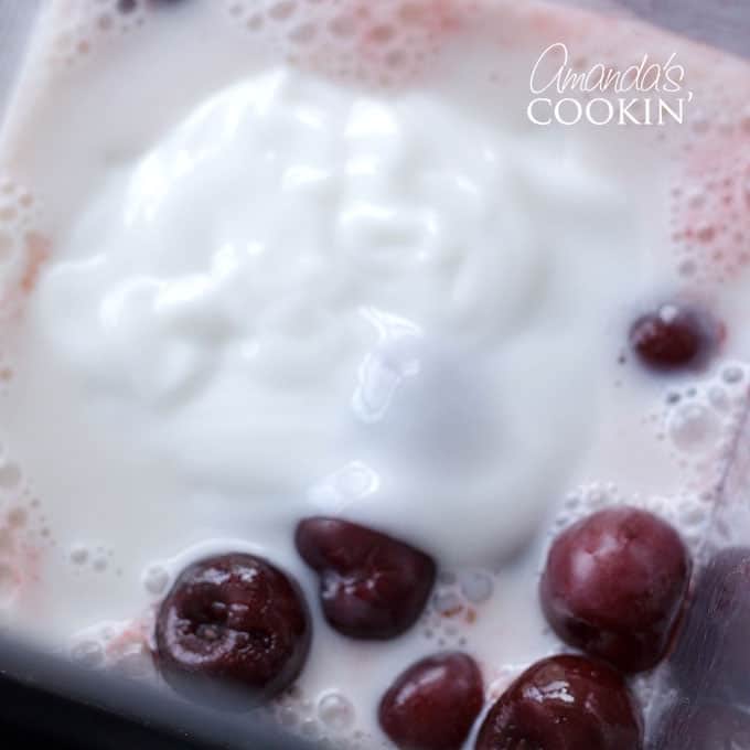 frozen cherries, almond milk and coconut milk yogurt for non-dairy smoothies