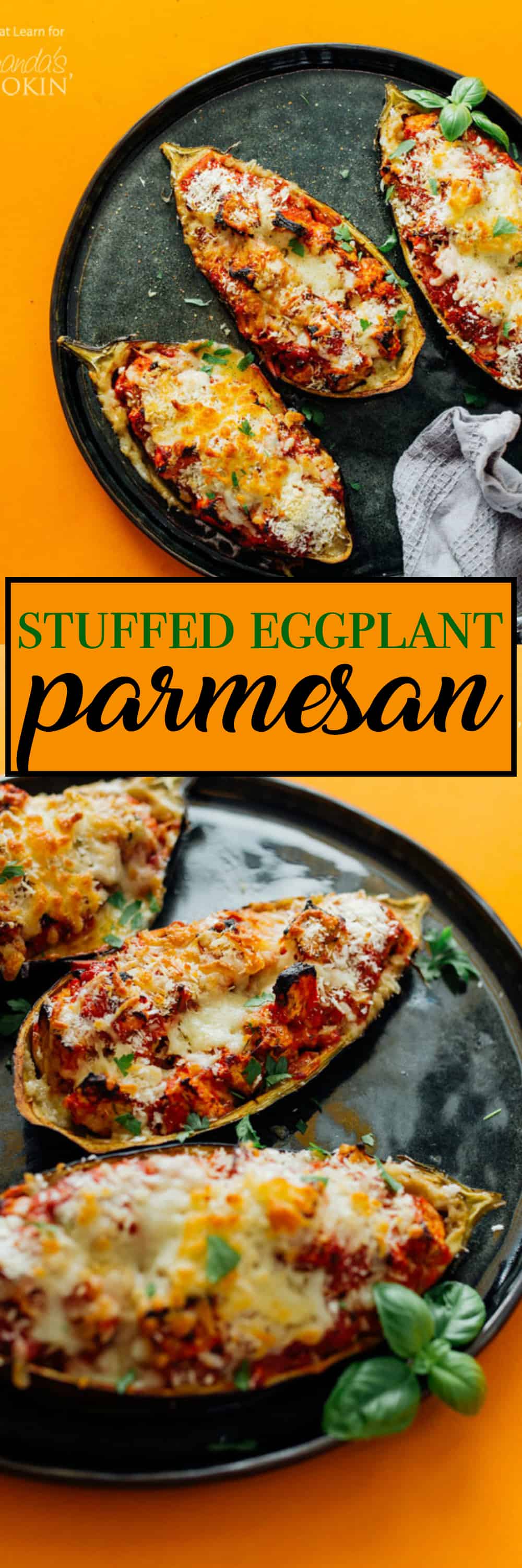 pinterest image that says stuffed eggplant parmesan