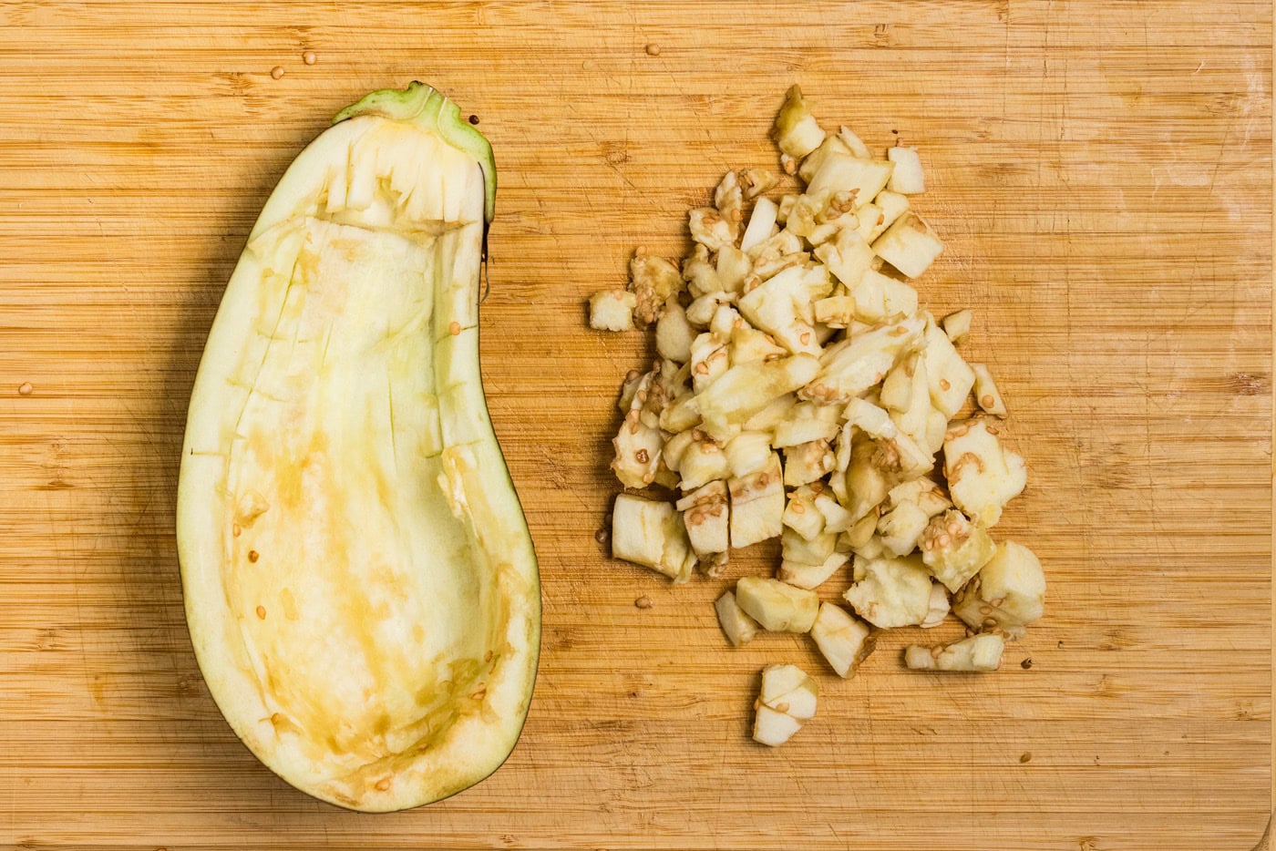 hollowed out eggplant and chopped pulp