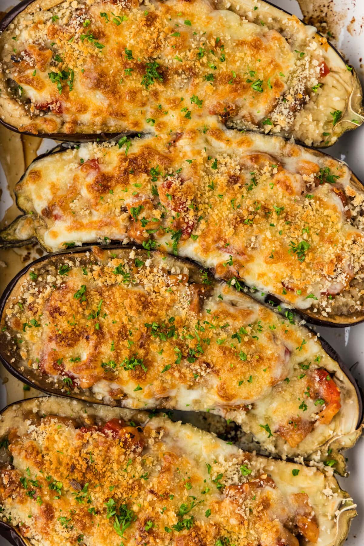 close up of stuffed baked eggplant parmesan