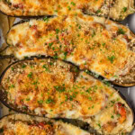 close up of stuffed baked eggplant parmesan