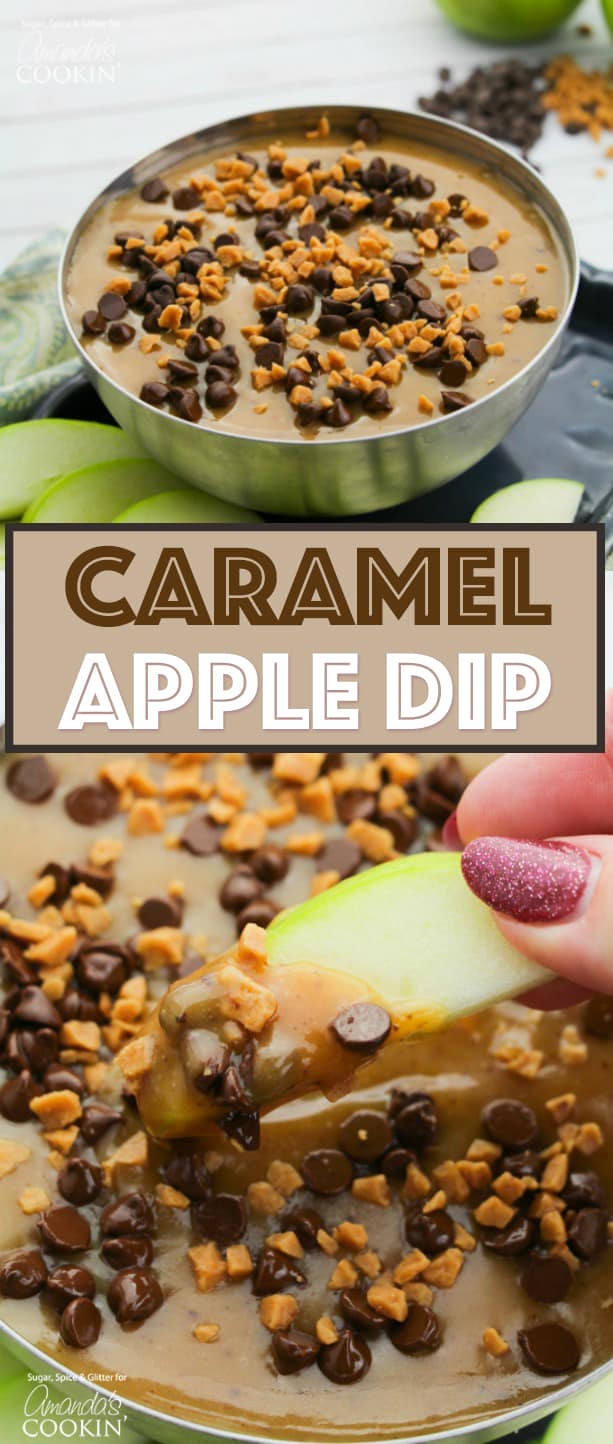 pinterest image with text on it for caramel apple dip