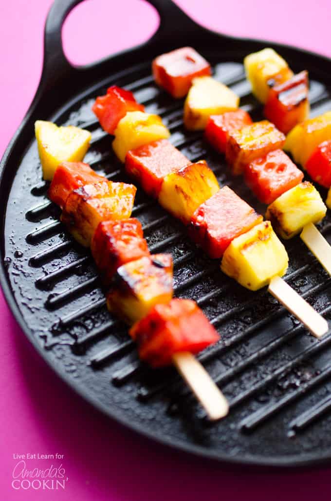 Watermelon Pineapple Skewers on a grill pan