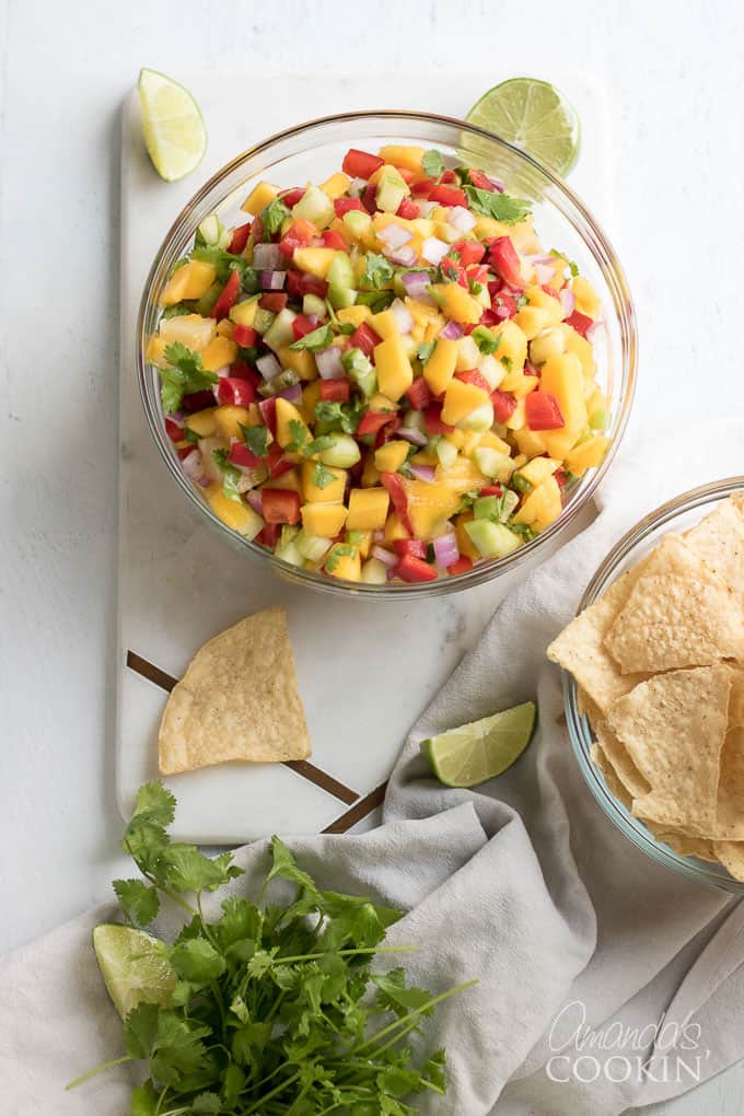 Mango salsa in a bowl overhead shot