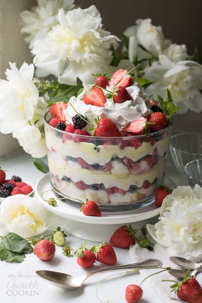 Mixed berry trifle with strawberries, raspberries, and blackberries