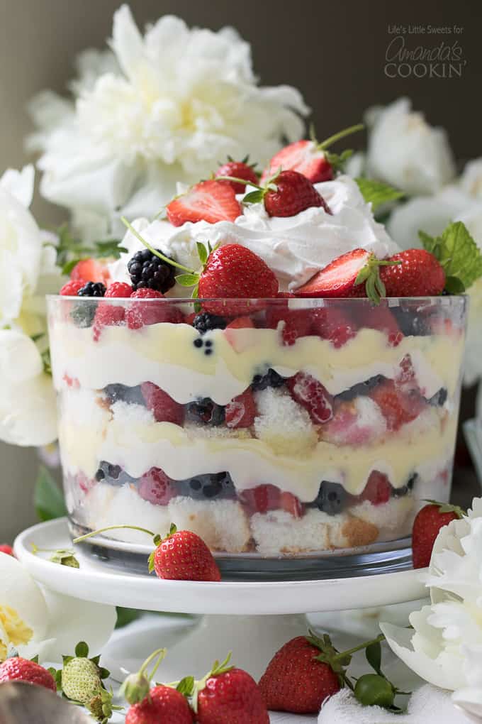 Trifle dessert with strawberries, blackberries, and raspberries