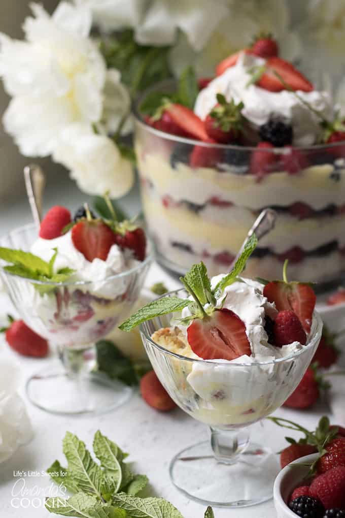Mixed summer berry trifle in mini trifle bowls.