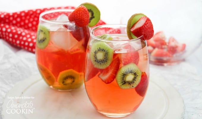 Strawberry Kiwi Sangria with kiwi and strawberry garnish