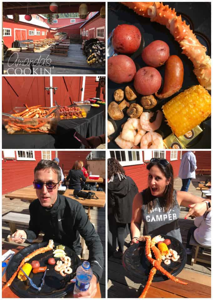 collage of photos with people and food from seafood lunch