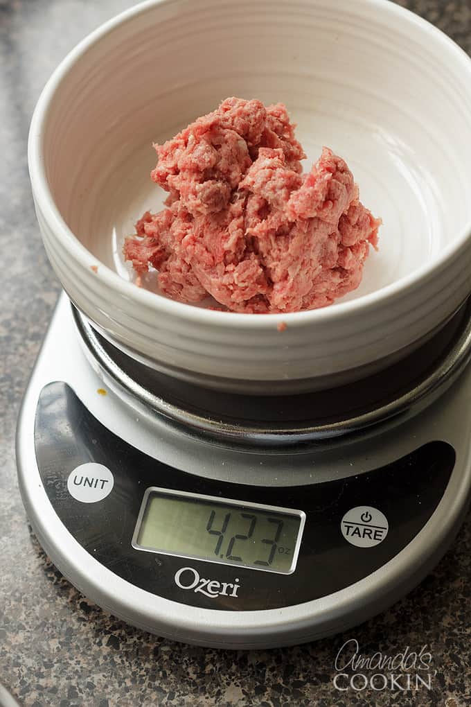 weighing ground beef on kitchen scale