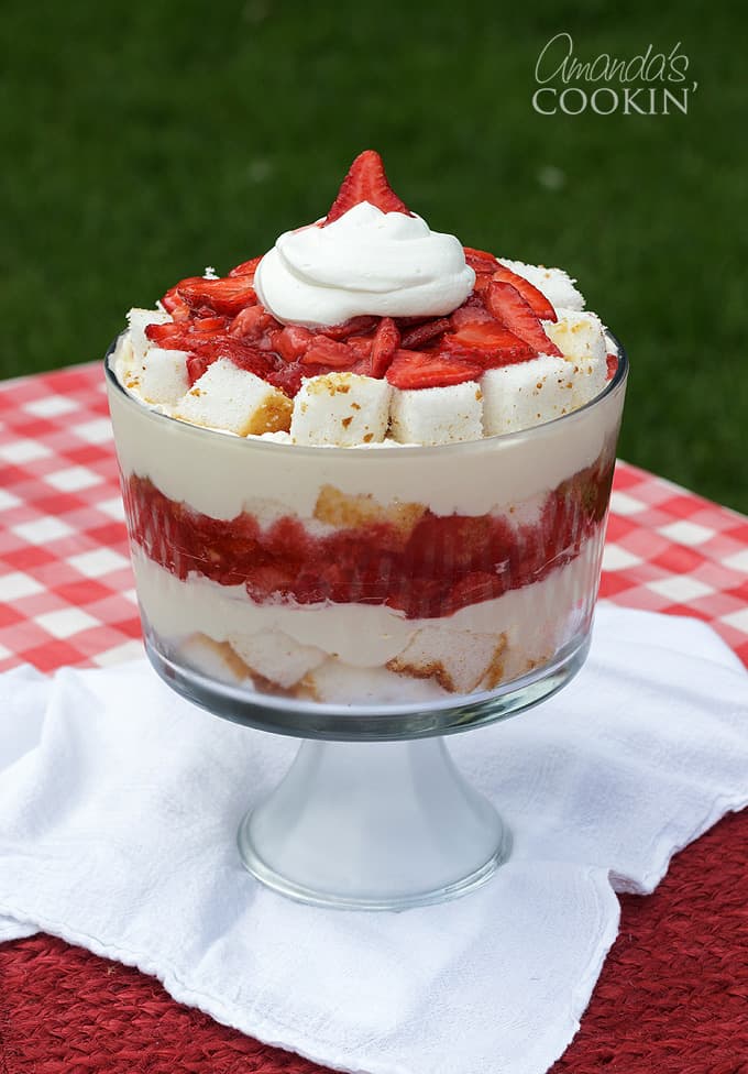 beautiful strawberry shortcake trifle on picnic table