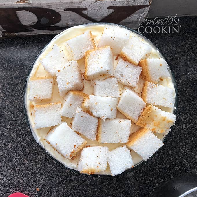 angel food cake cubes on top of dessert