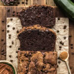 Double Chocolate Zucchini Bread sliced on parchment paper