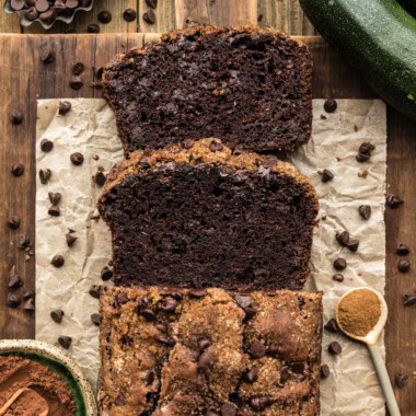 Double Chocolate Zucchini Bread sliced on parchment paper