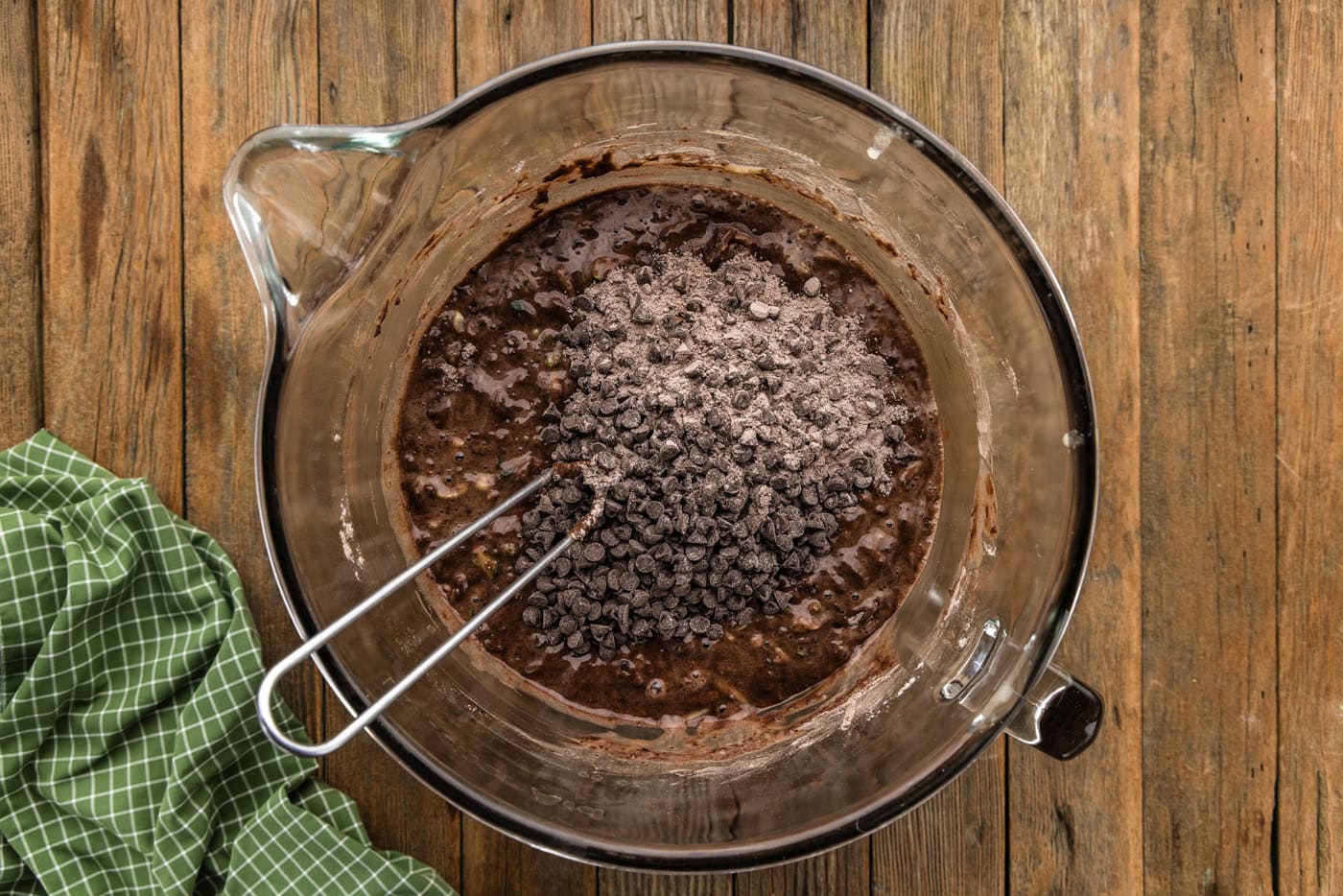 chocolate chips and batter in bowl
