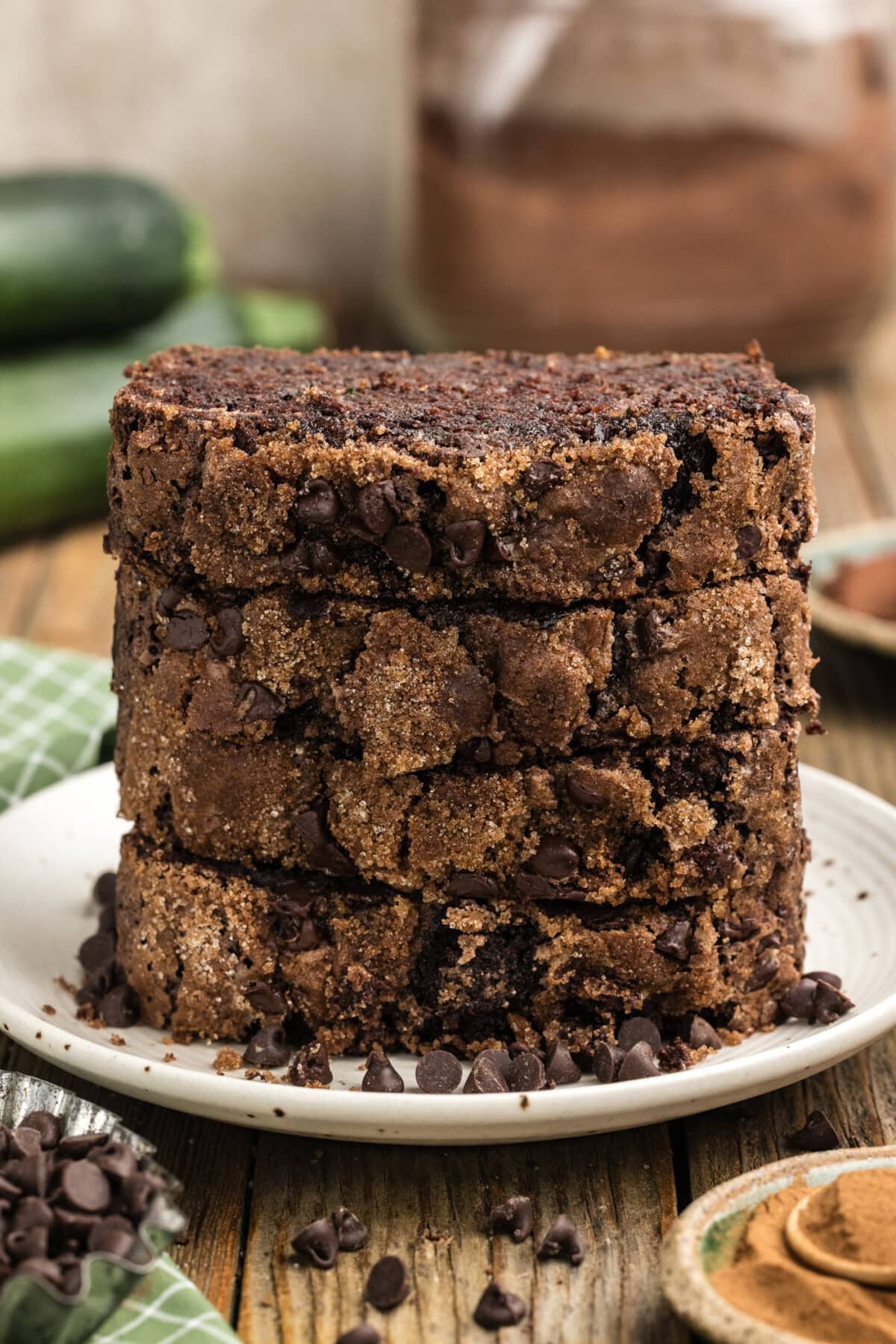 slices of Double Chocolate Zucchini Bread stacked on a plate