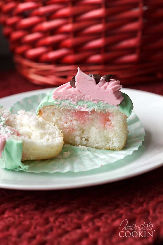 watermelon poke cupcake cut in half