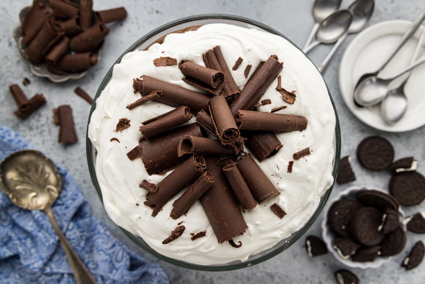 chocolate curls on top of trifle