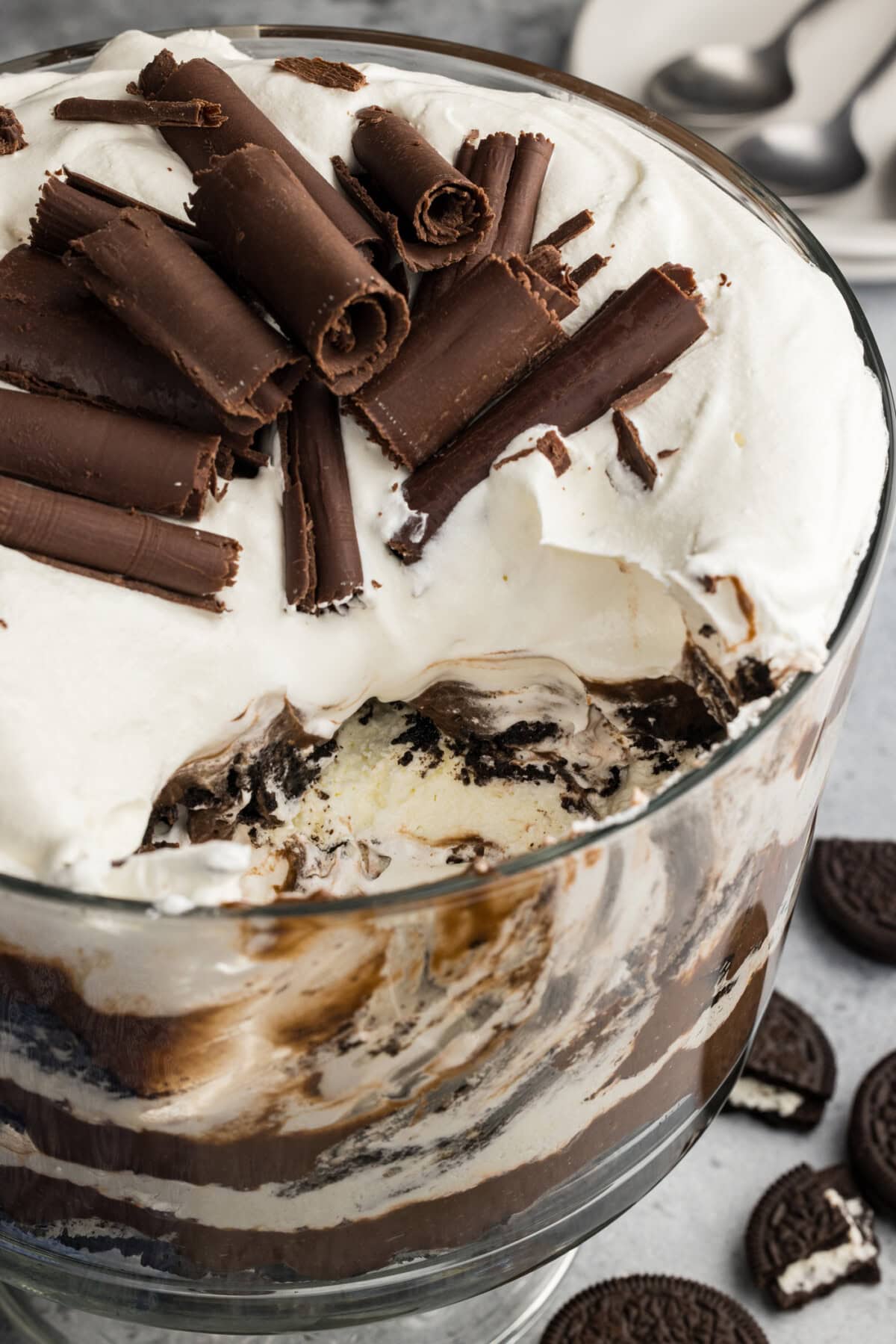 Chocolate Lasagna Trifle with a scoop taken out