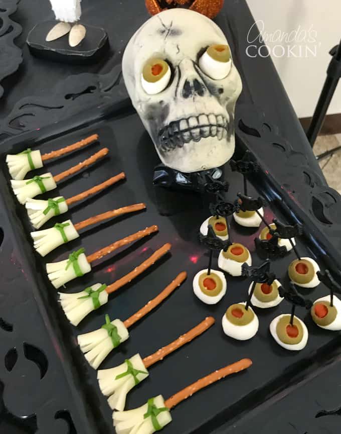 pretzel broomsticks and mozzarella eyeballs