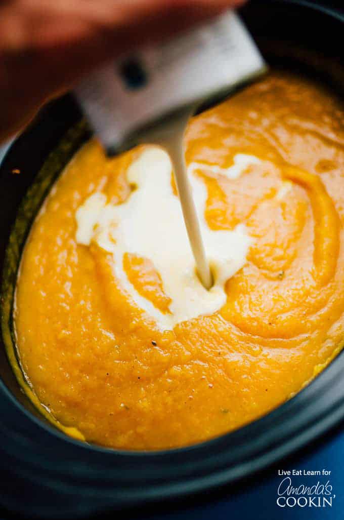 Using a handheld blender on Slow Cooker Butternut Squash Soup